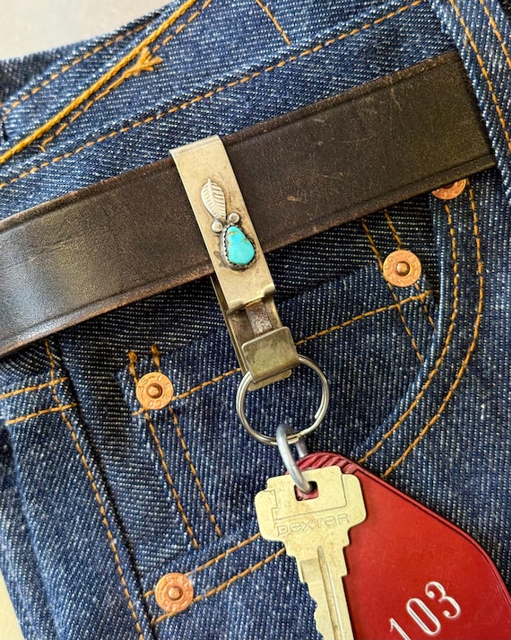 Vintage 1970s Turquoise Belt Slide Key Clip Handcrafted Silver Brass