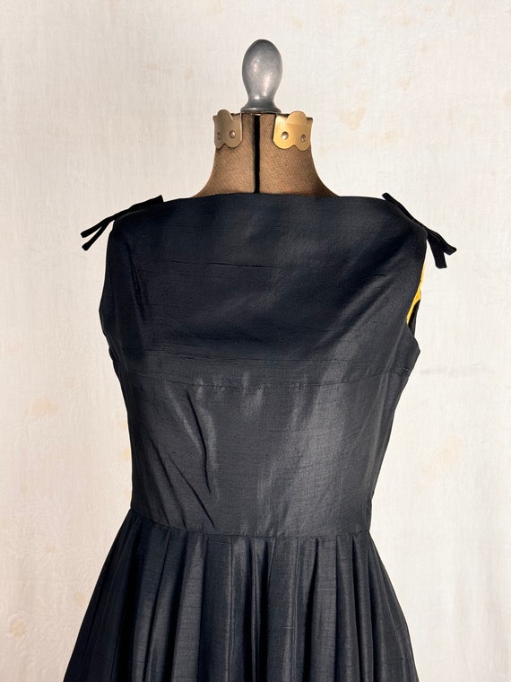 Vintage 1950s Lanz Bow Shoulder Black Silk Fit Flare Dress
