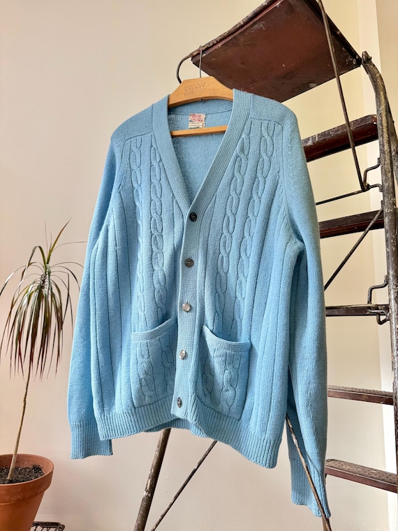 Vintage 1960s Powder Blue Lambswool Menswear Cardigan Sweater | medium