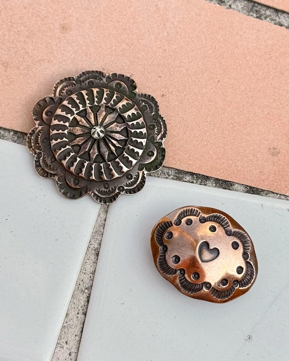 Vintage Handcrafted Copper Western Concho Scarf Slide Signed Lucky | select one