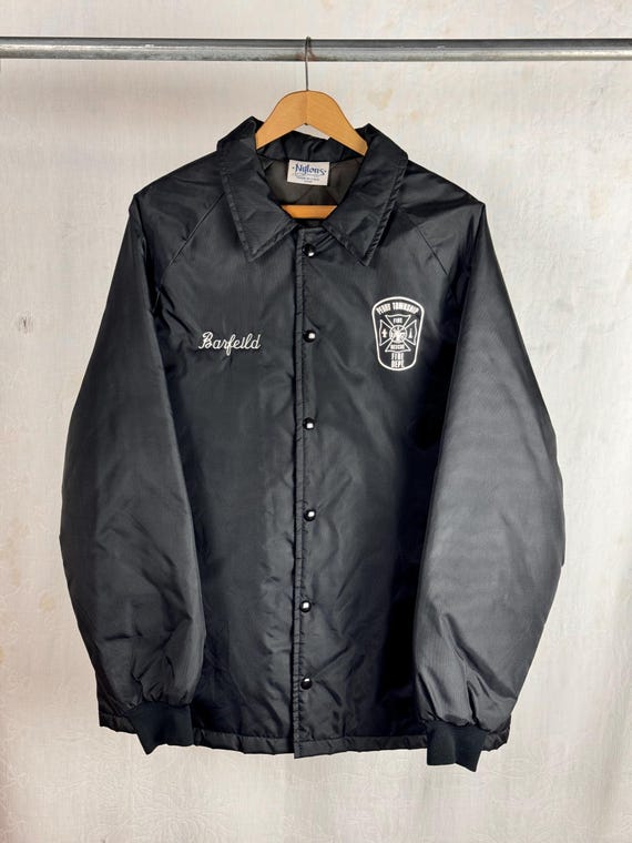 Vintage 1980s Fire Dept Black Nylon Quilted Stadium Jacket