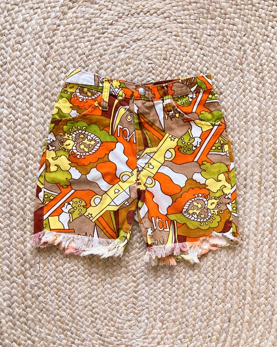 1960s Psychedelic Printed Denim Cutoff Shorts