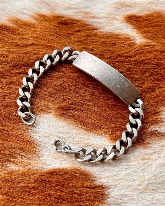 Vintage 1950s Sterling Silver Military ID Bracelet Curb Link Chain Bracelet