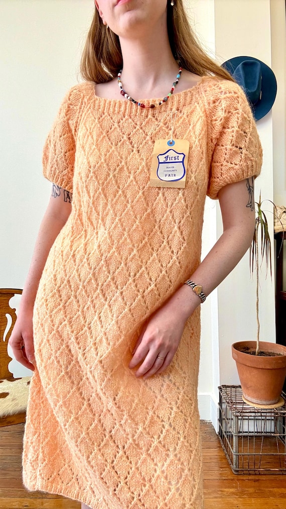 Vintage 1960s Hand Knit County Fair Creamsicle Sweater Dress | medium