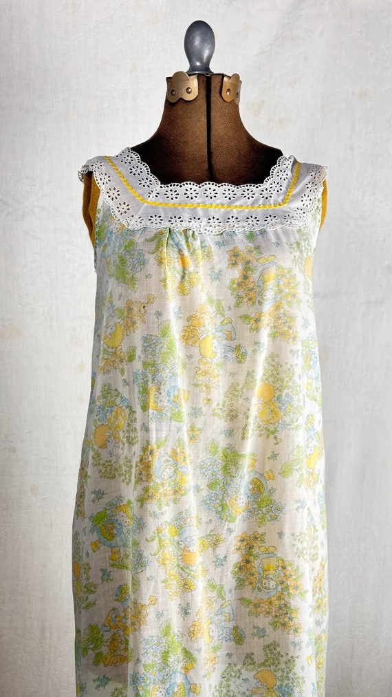 Vintage 1970s Cottage Children Print Semi Sheer Maxi Dress