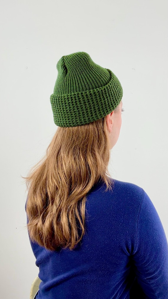 Vintage 1970s Waffle Knit Cap made in USA | moss