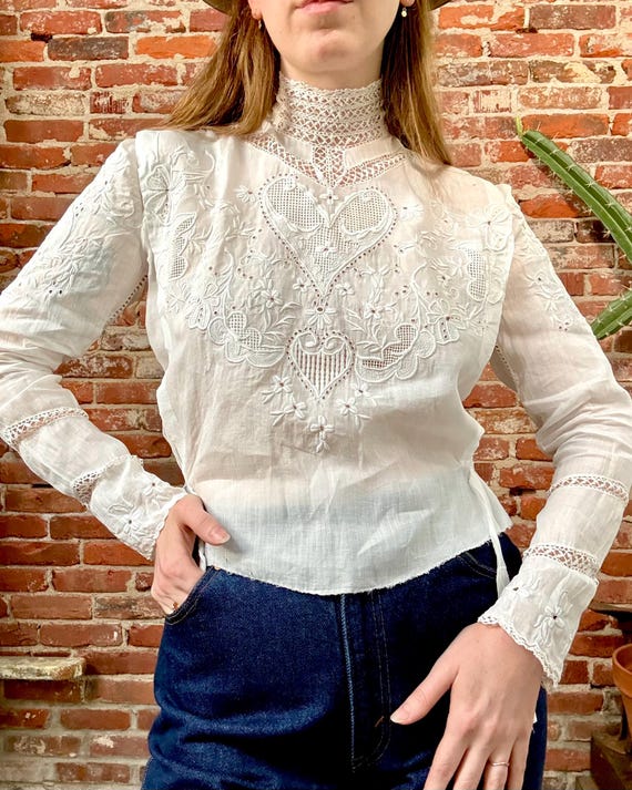 Antique Edwardian Sweetheart Embroidered High Neck White Blouse | xsmall