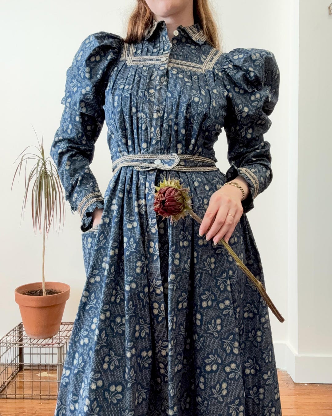modern calico dress Antique Victorian Indigo Blue Calico Dandelion Floral Wrapper Prairie Dress