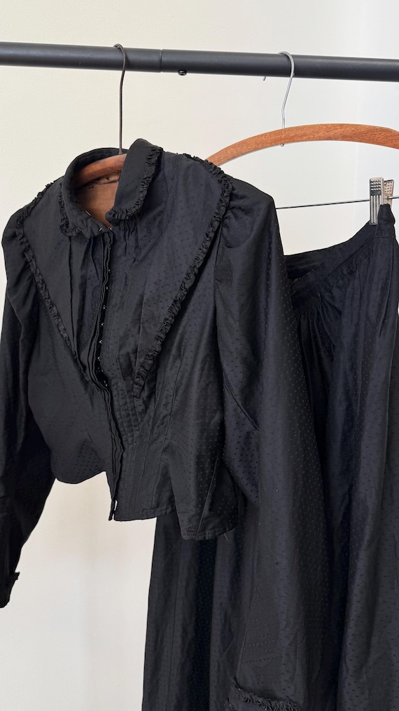Antique Victorian Dotted Cotton Sateen Black Mourning Blouse Skirt Dress Set