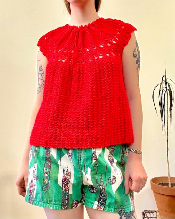 Vintage Hand Crochet Candy Apple Red Cotton Smock Blouse | one size