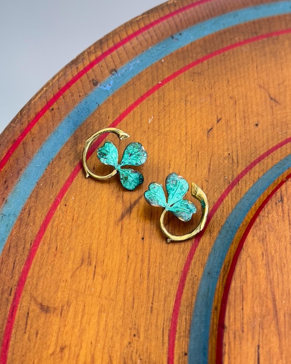 Antique Victorian Clover Motif Aged Brass Earrings