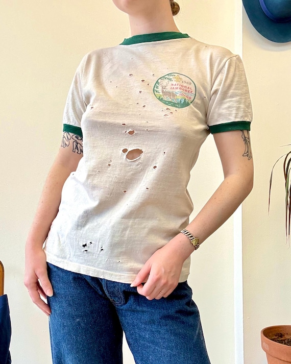 Vintage 1960s Boy Scouts Idaho Jamboree Distressed Ringer T Shirt | small