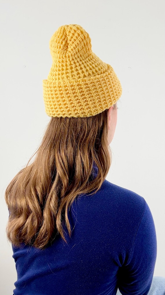 Vintage 1970s Chunky Waffle Knit Cap made in USA | butter yellow