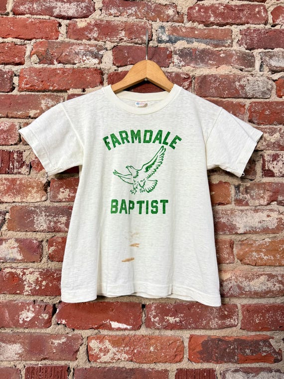 Vintage 1950s Farmdale Flocked Graphic Champion T Shirt | youth medium