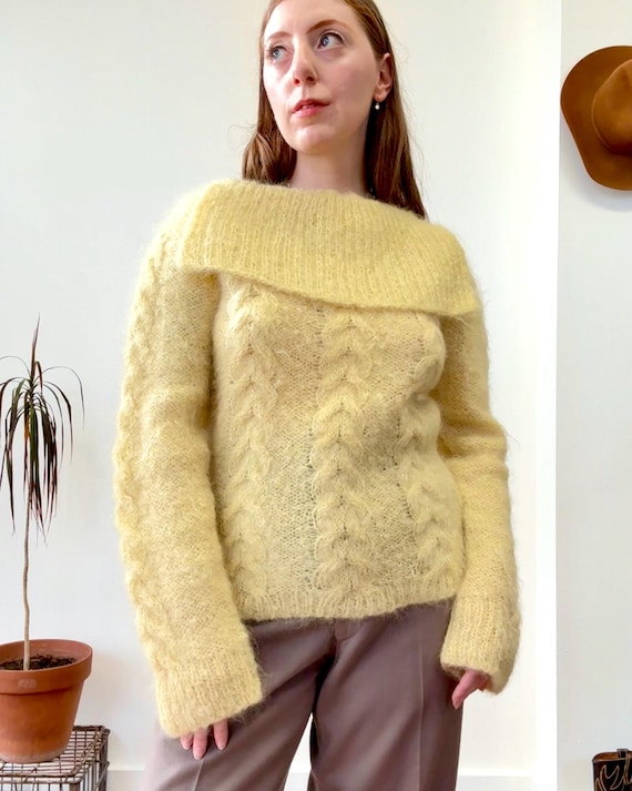 Vintage 1960s Bib Collar Mohair Wool Hand Knit Cable Knit Sweater | small medium