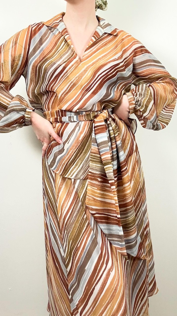 Vintage 1970s Halston V Sheer Chiffon Brushstroke Blouse Skirt 4pc Set | medium