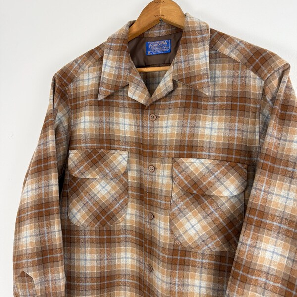 Camicia da uomo vintage Pendleton Loop Collar in lana a quadri anni '60 / taglia grande