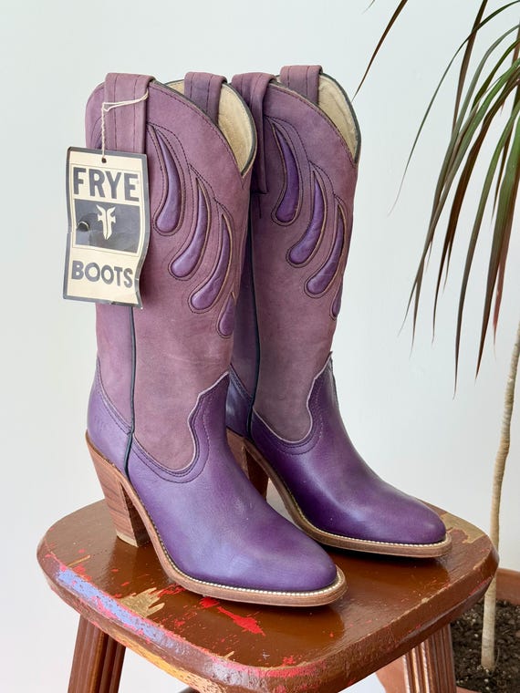 Vintage 1970s Frye Purple Bearclaw Inlay Leather Cowgirl Boots Deadstock | womens juniors 4.5