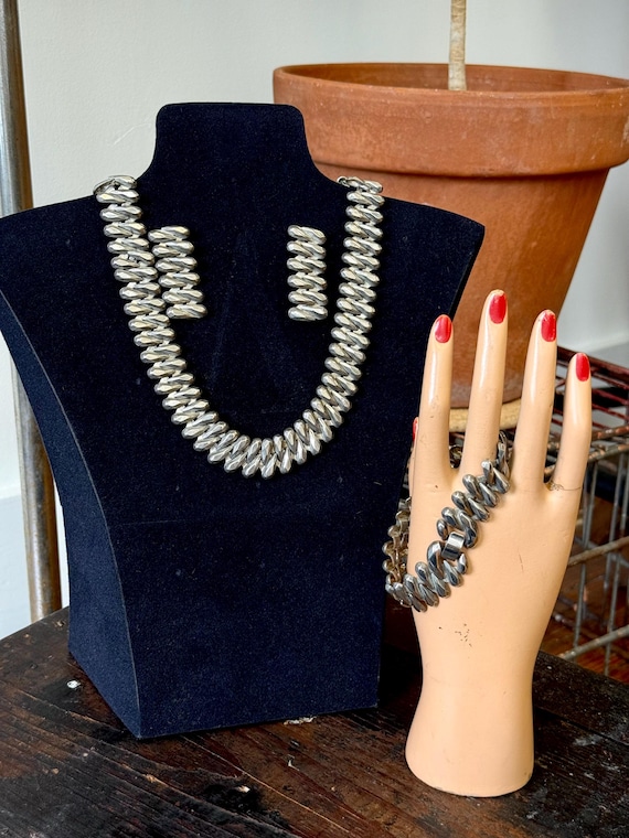 Vintage 1960s Brutalist Midcentury Matte Aluminum Choker Necklace Bracelet Earrings Set
