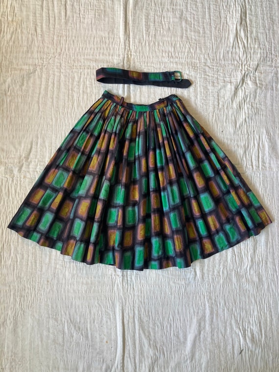 1950s Rainbow Watercolor Print Skirt with Belt - image 2