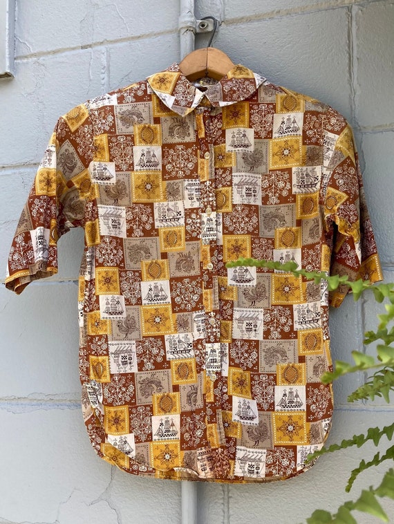 1960s Novelty Print Cotton Shirt Blouse