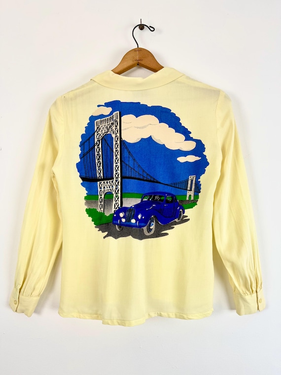 Vintage 1970s New York City Print Rayon Shirt Blouse | small medium