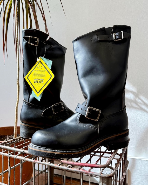 Vintage Engineer Boots Black Leather Steel Toe Walker deadstock | mens 7.5