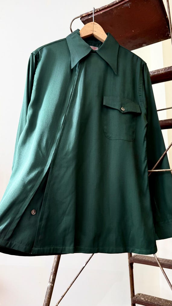 Vintage 1940s Slant Zipper Pine Green Rayon Gabardine Shirt Alcraft | mens small