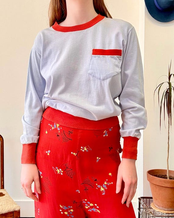 Vintage 1950s Periwinkle Red Long Sleeve Pajama Pocket Tee