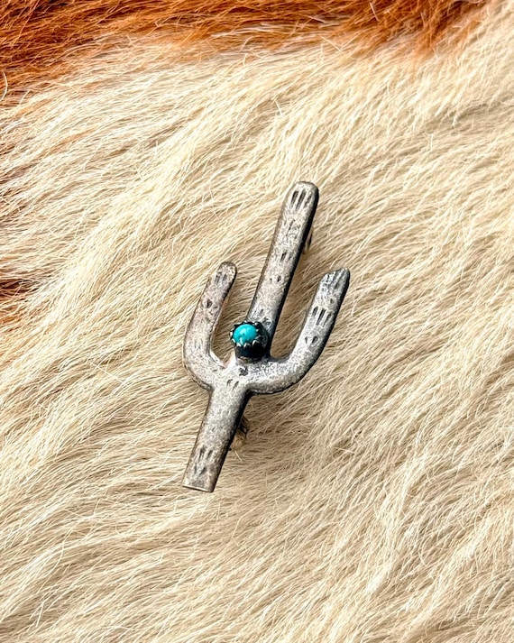 Vintage 1950s Cactus Sterling Silver Turquoise Native American Pin Brooch
