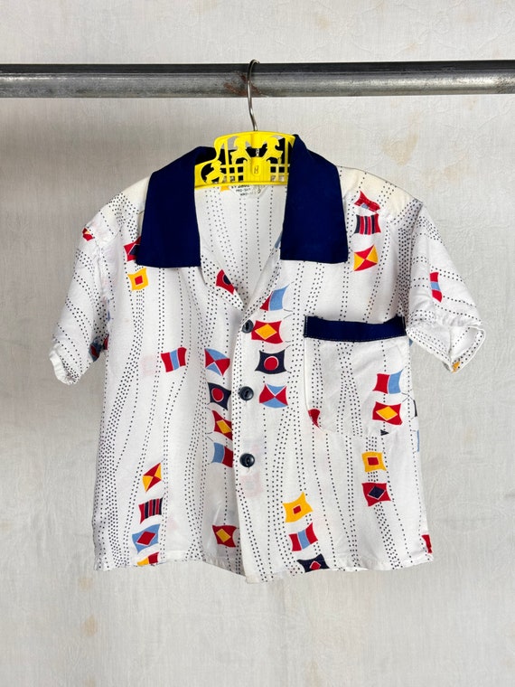 Vintage 1960s Childrens Nautical Flags Camp Collar Rayon Shirt 2T 3T