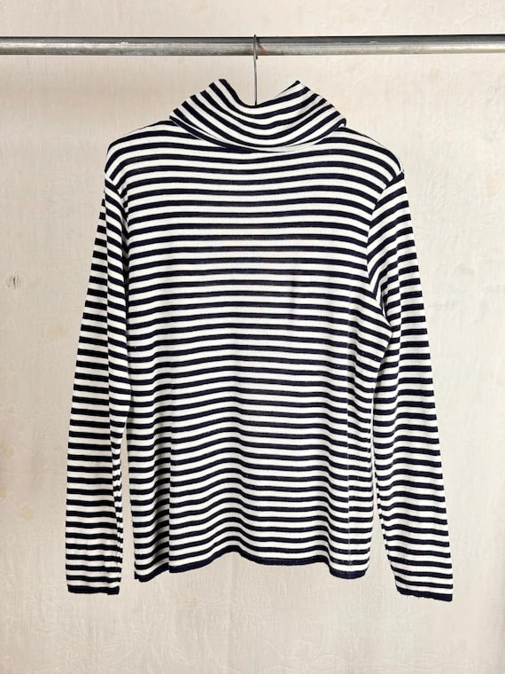 Vintage 1970s Navy Blue Stripe Knit Turtleneck Top