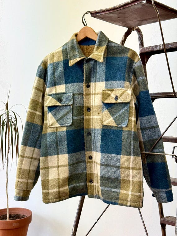 Vintage 1970s Fleece Lined Flannel Plaid Shirt Jacket | medium