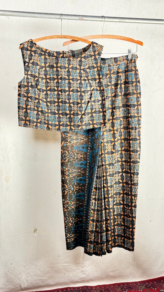 Vintage 1950s 60s Thai Block Print Skirt Set