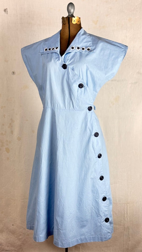 Vintage 1940s 50s Asymmetrical Side Button Pique Day Dress Portrait Frocks