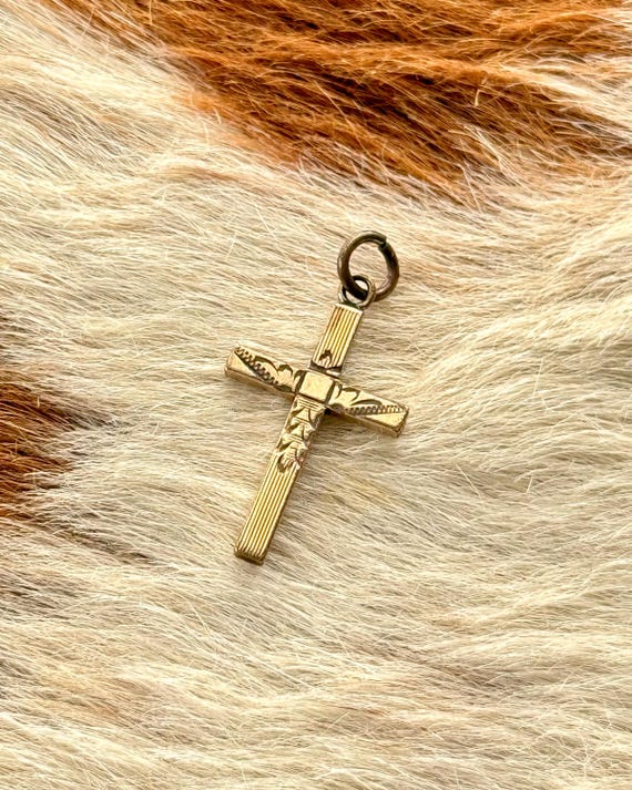 Vintage Gold Filled Etched Cross Charm Pendant
