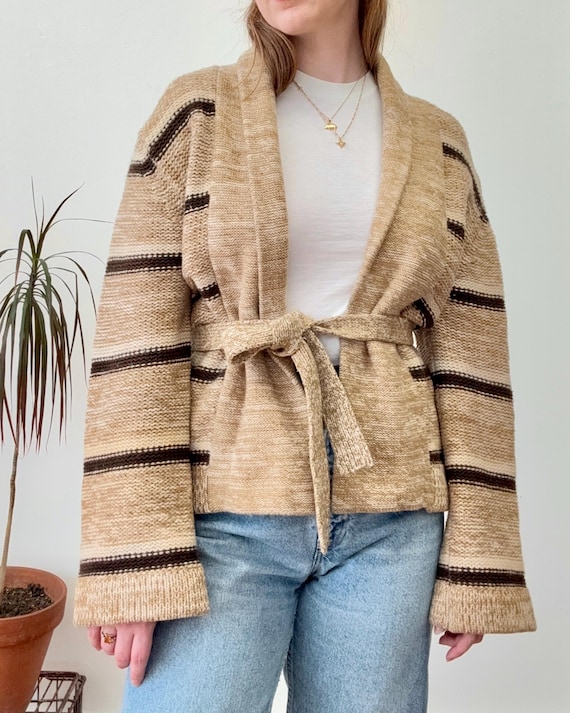 Vintage 1970s Neutral Stripe Wool Wrap Cardigan Sweater | medium