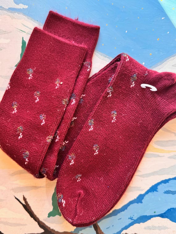 Vintage 1980s Calico Floral Knee High Socks made in USA | maroon