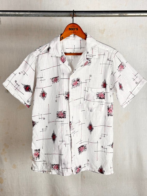 Vintage 1950s Loop Collar Tibetan Print Boys Woven Shirt