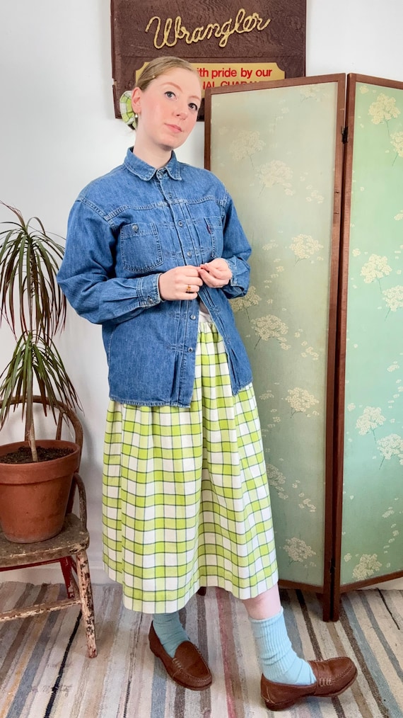 Reworked Vintage Drawstring Waist Chartreuse Woven Check Skirt & Scrunchie Set | one size