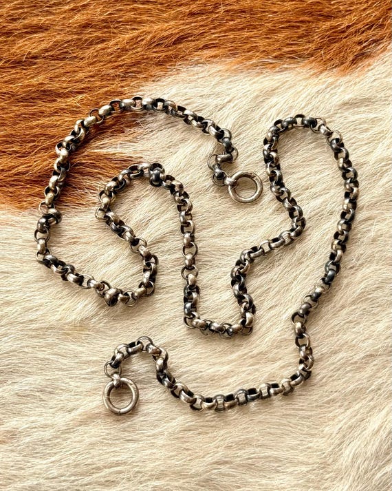 Antique Deco Sterling Silver Rolo Lock Chain Necklace 17”