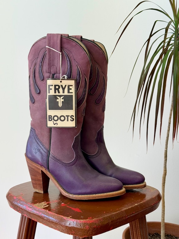 Vintage 1970s Frye Purple Bearclaw Inlay Leather Cowgirl Boots Deadstock | womens juniors 5