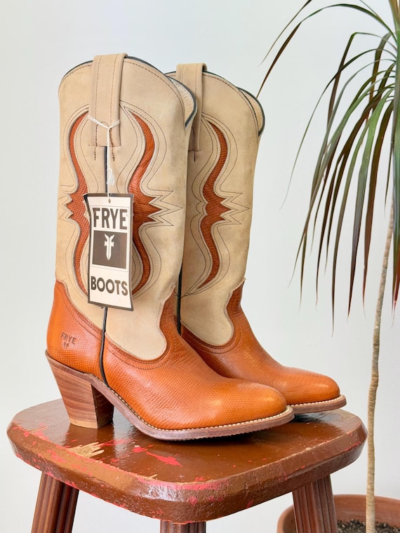 Vintage 1970s Frye Rust Longhorn Inlay Leather Cowgirl Boots Deadstock | womens juniors 5.5