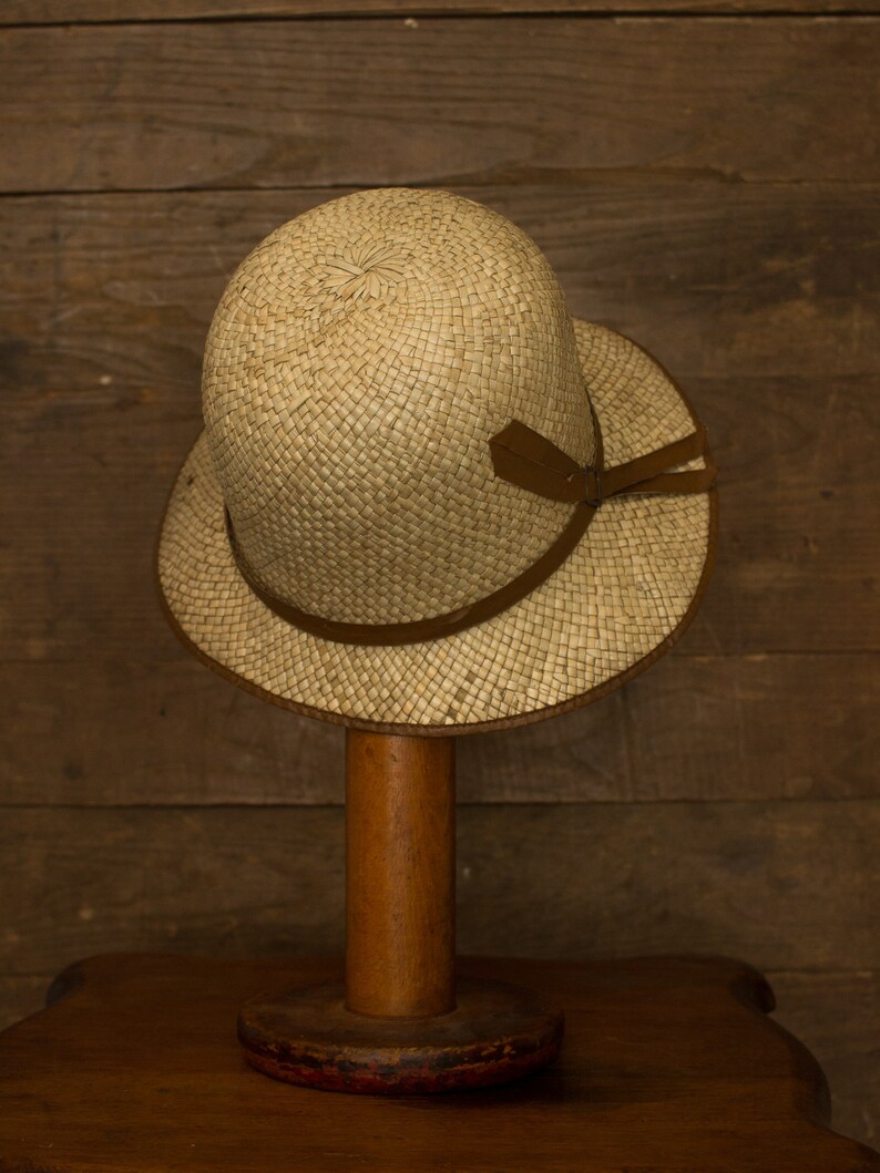 Straw Cloche 20s 30s Hat Vintage Straw Hat Antique Headwear Brown Trim image 3