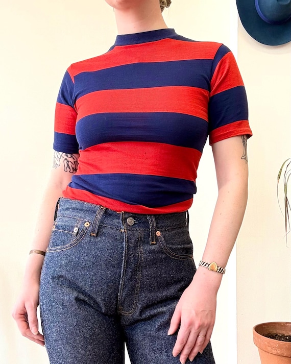 Vintage 1970s Navy Red Stripe Sears Boys T Shirt | xsmall