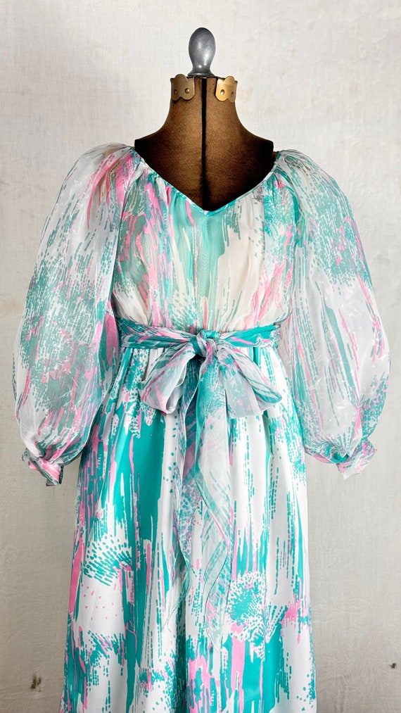 Vintage 1970s Mollie Parnis Chiffon Billow Sleeve Maxi Dress