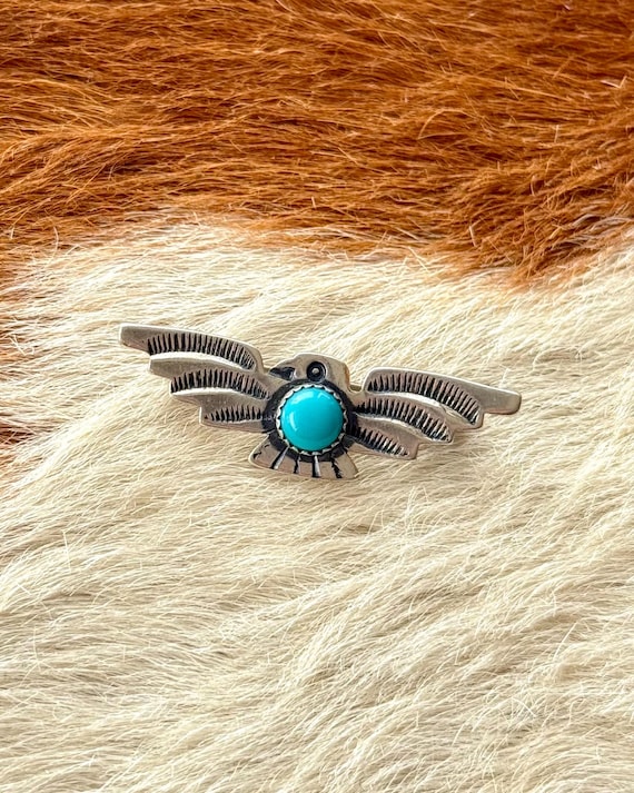 Vintage 1960s Small Thunderbird Sterling Silver Turquoise Native American Pin Brooch
