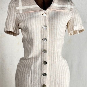 Vintage 1980s 90s Linen Stripe Midi Sailor Dress