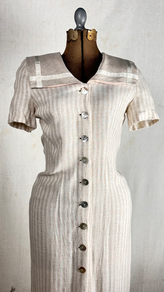 Vintage 1980s 90s Linen Stripe Midi Sailor Dress
