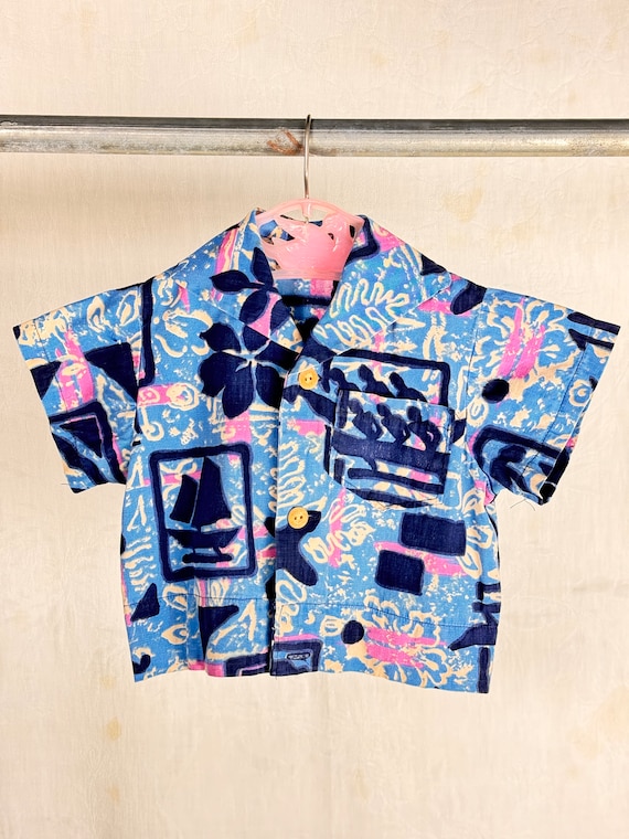 Vintage 1950s Childrens Hawaiian Canoe Boat Print Shirt